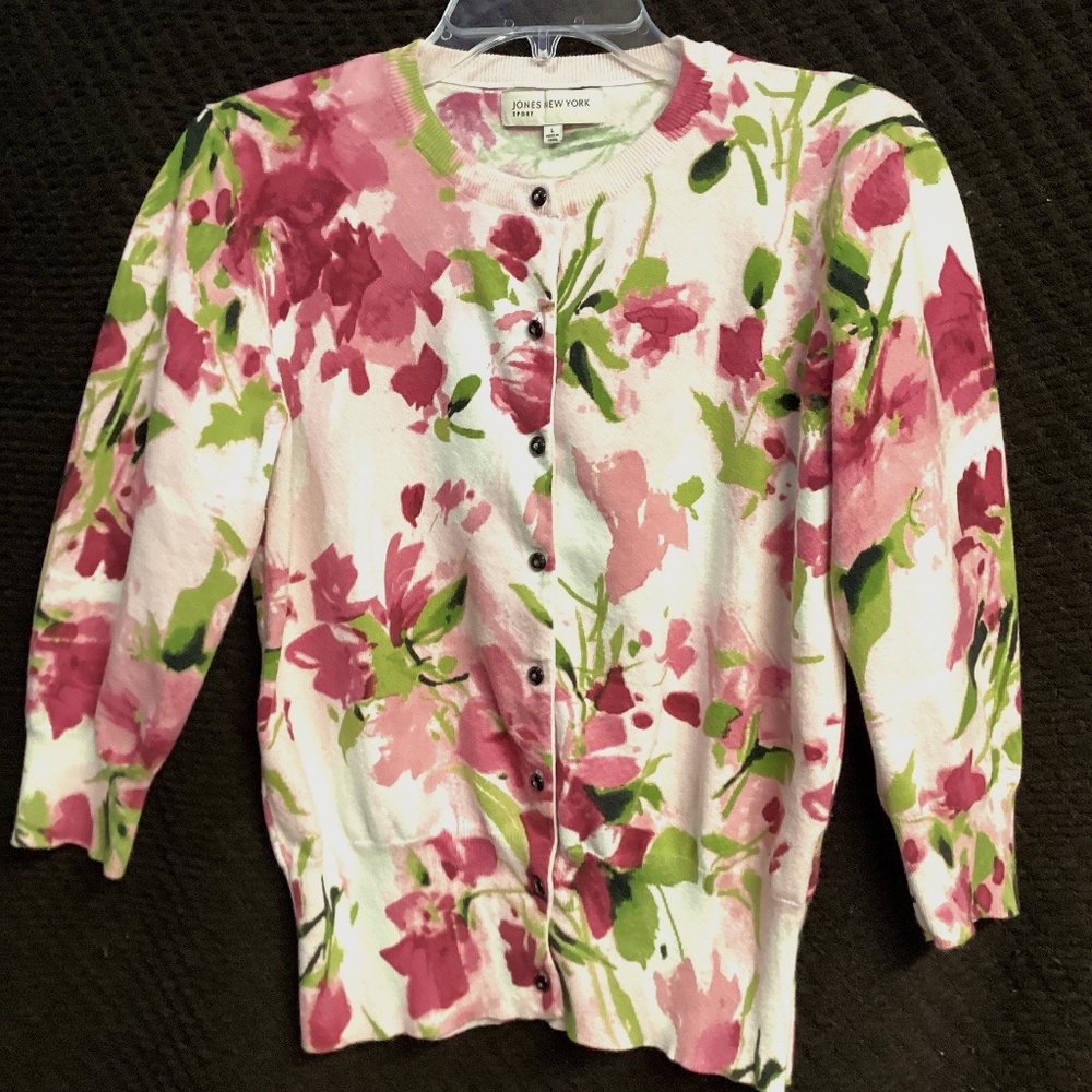 Jones New York White/Pink Floral Sweater Size Large